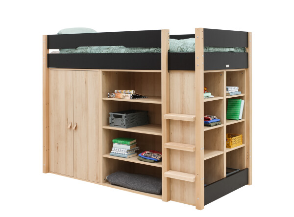 Lit mezzanine 90x200 avec armoire de rangement et bibliothèque Lucas Noir Mat/Naturel