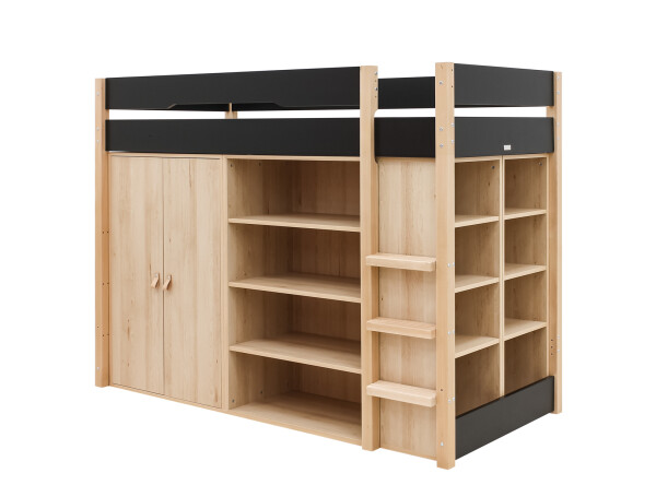 Lit mezzanine 90x200 avec armoire de rangement et bibliothèque Lucas Noir Mat/Naturel