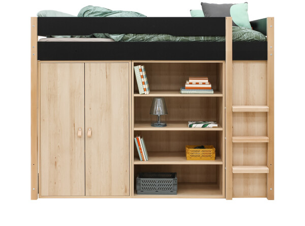Lit mezzanine 90x200 avec armoire de rangement et bibliothèque Lucas Noir Mat/Naturel