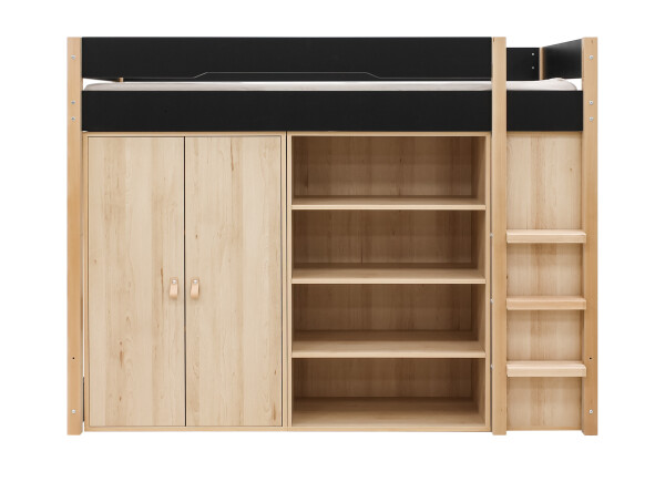 Lit mezzanine 90x200 avec armoire de rangement et bibliothèque Lucas Noir Mat/Naturel