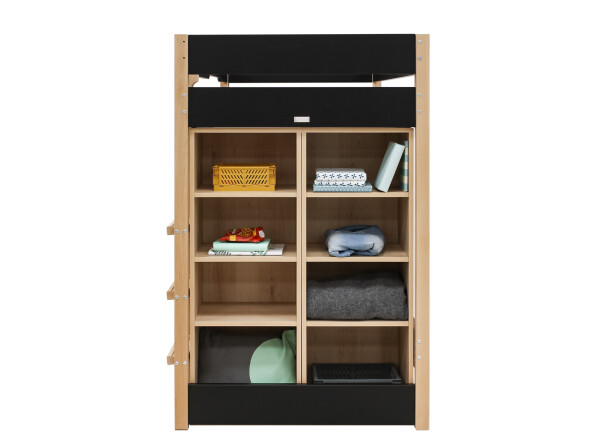 Lit mezzanine 90x200 avec armoire de rangement et bibliothèque Lucas Noir Mat/Naturel