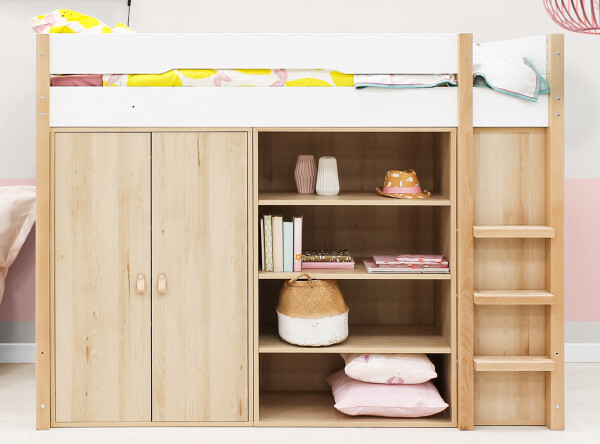 High sleeper 90x200 with storage cabinet and bookcase Lucas White/Natural