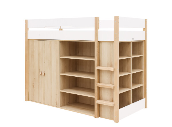 Lit mezzanine 90x200 avec armoire de rangement et bibliothèque Lucas Blanc/Naturel