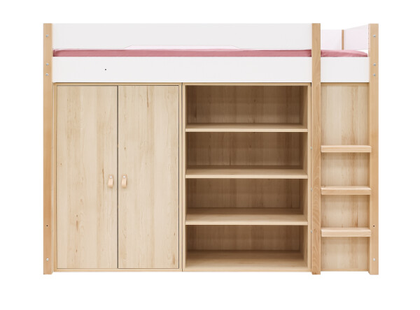 High sleeper 90x200 with storage cabinet and bookcase Lucas White/Natural