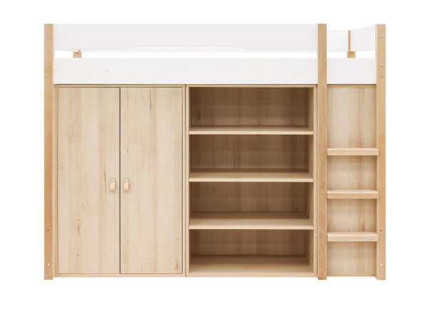 Lit mezzanine 90x200 avec armoire de rangement et bibliothèque Lucas Blanc/Naturel