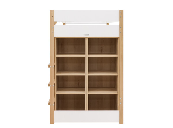 Lit mezzanine 90x200 avec armoire de rangement et bibliothèque Lucas Blanc/Naturel
