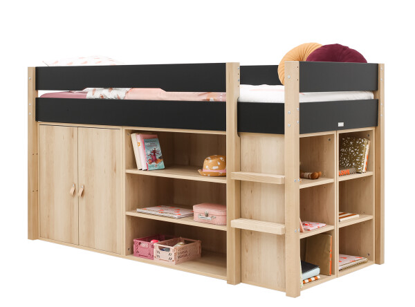Half high sleeper 90x200 with storage cabinet and bookcase Lucas Matt Black/Natural