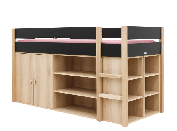 Half high sleeper 90x200 with storage cabinet and bookcase Lucas Matt Black/Natural