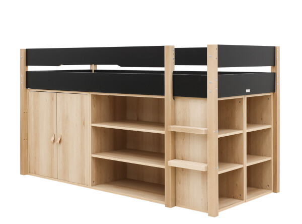 Half high sleeper 90x200 with storage cabinet and bookcase Lucas Matt Black/Natural