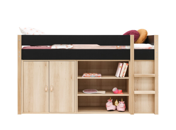 Half high sleeper 90x200 with storage cabinet and bookcase Lucas Matt Black/Natural