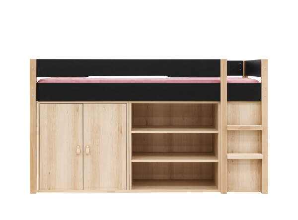 Lit mezzanine mi-hauteur 90x200 avec armoire de rangement et bibliothèque Lucas Noir Mat/Naturel