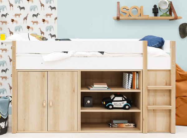 Half high sleeper 90x200 with storage cabinet and bookcase Lucas White/Natural