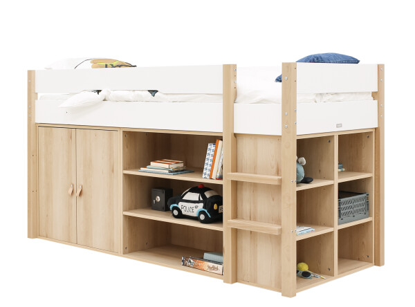 Half high sleeper 90x200 with storage cabinet and bookcase Lucas White/Natural