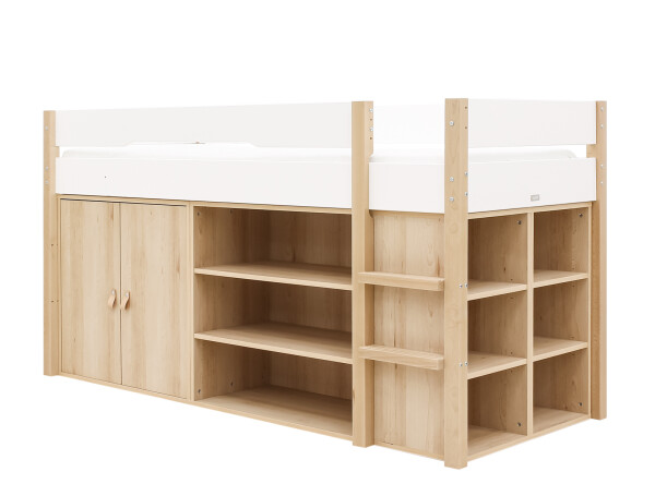Half high sleeper 90x200 with storage cabinet and bookcase Lucas White/Natural