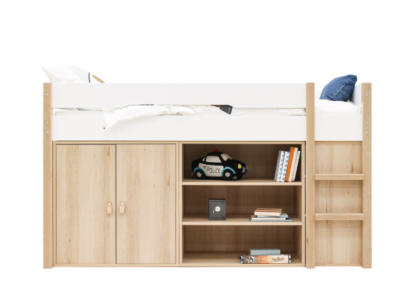 Half high sleeper 90x200 with storage cabinet and bookcase Lucas White/Natural