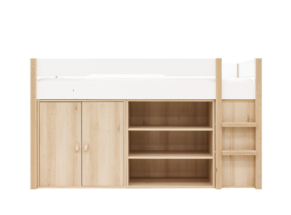 Half high sleeper 90x200 with storage cabinet and bookcase Lucas White/Natural