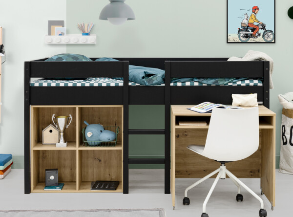 Half high sleeper 90x200 with writing desk and cabinet Mick Matt Black