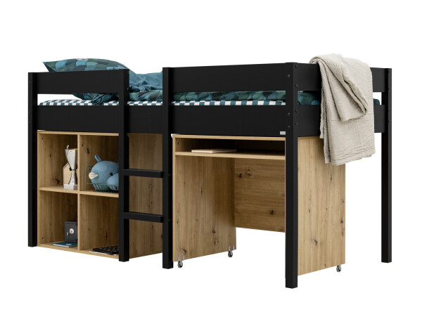 Half high sleeper 90x200 with writing desk and cabinet Mick Matt Black