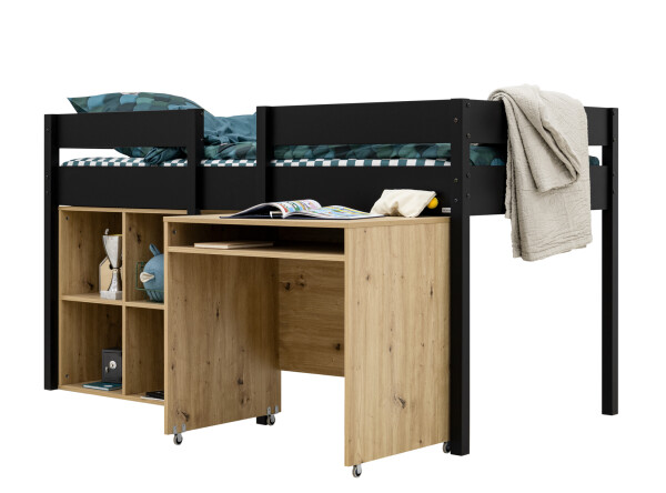 Half high sleeper 90x200 with writing desk and cabinet Mick Matt Black
