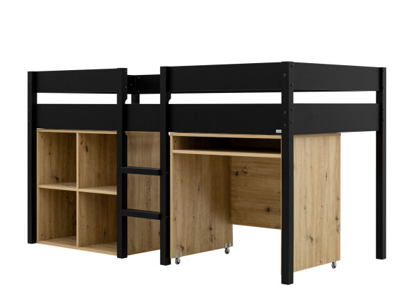 Half high sleeper 90x200 with writing desk and cabinet Mick Matt Black