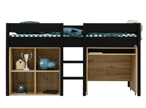 Half high sleeper 90x200 with writing desk and cabinet Mick Matt Black