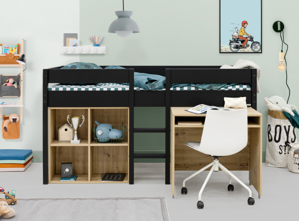 Half high sleeper 90x200 with writing desk and cabinet Mick Matt Black