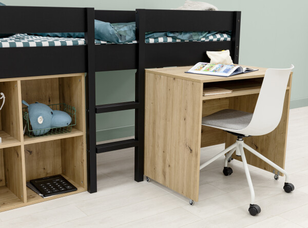 Half high sleeper 90x200 with writing desk and cabinet Mick Matt Black