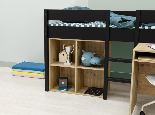 Half high sleeper 90x200 with writing desk and cabinet Mick Matt Black