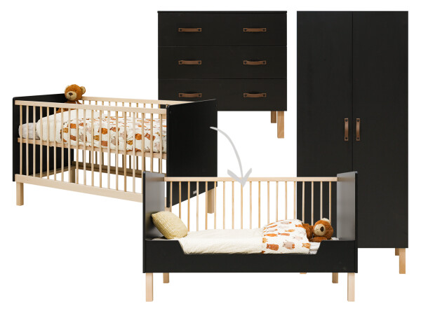 Floris 3 piece nursery furniture set with cot bed Matt Black/Natural