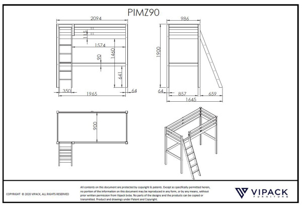 Pino mezzanine 90x200cm blanc
