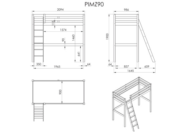 Pino mezzanine 90x200cm grijs