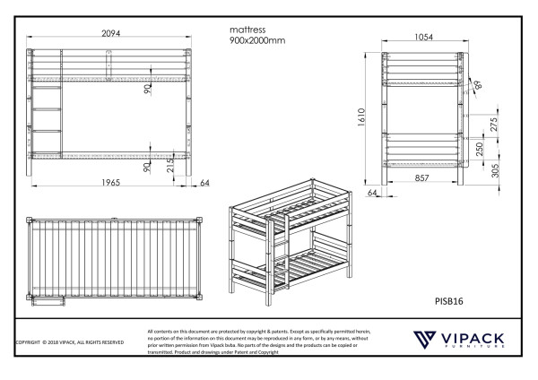 Pino bunk bed h160cm white