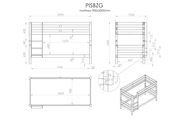 Pino bunk bed h140cm natural