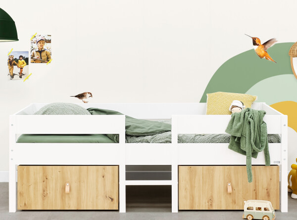 Compact bed 90x200 incl. 2 drawers on wheels Mick White