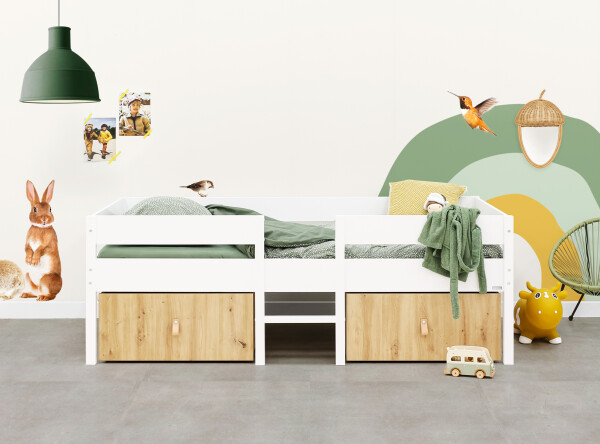 Compact bed 90x200 incl. 2 drawers on wheels Mick White