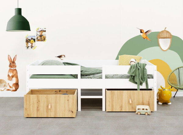 Compact bed 90x200 incl. 2 drawers on wheels Mick White
