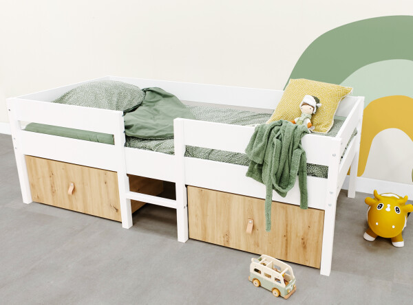 Compact bed 90x200 incl. 2 drawers on wheels Mick White