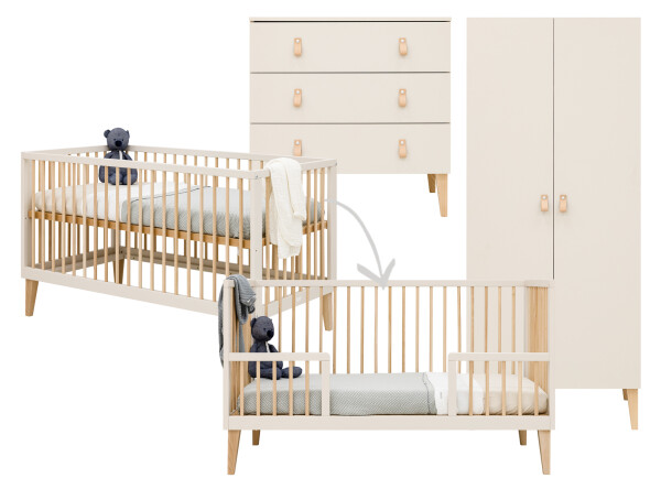 Amira 3 piece nursery furniture set with bench bed Dune/Natural
