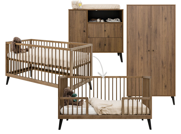 Zara 3 piece nursery furniture set with bench bed Walnut/Matt Black