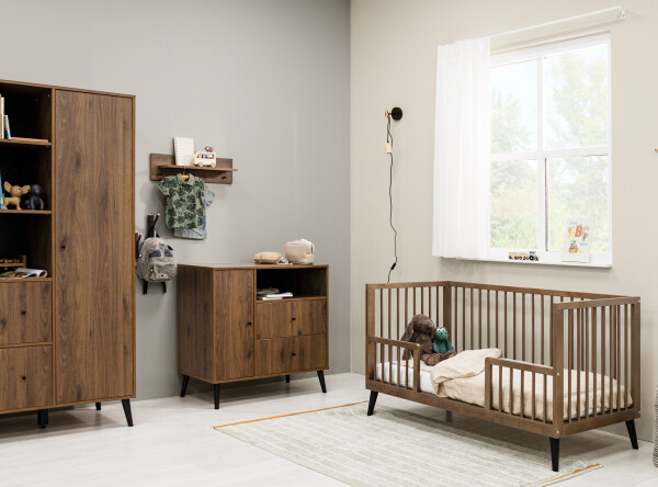 Zara 3 piece nursery furniture set with bench bed Walnut/Matt Black