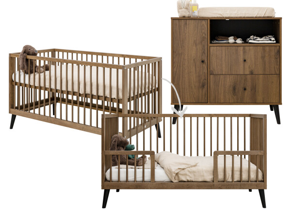 Zara 2 piece nursery furniture set with bench bed Walnut/Matt Black