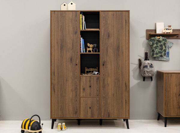 2-door wardrobe with 3 open compartments/2 drawers Zara Walnut/Matt Black