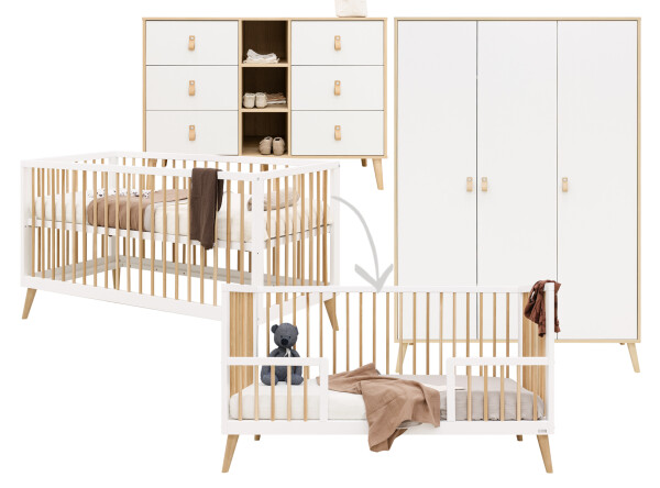 Jort 3 piece nursery furniture set XL with bench bed White/Natural