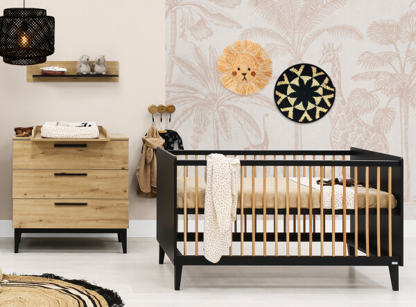 Xem 2 piece nursery furniture set with bench bed Matt Black/Oak