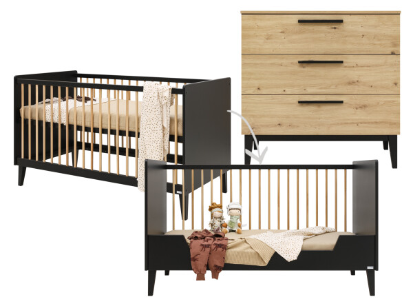 2-Pieza pack Xem con cuna 70x140 convertible Negro Mate/Roble
