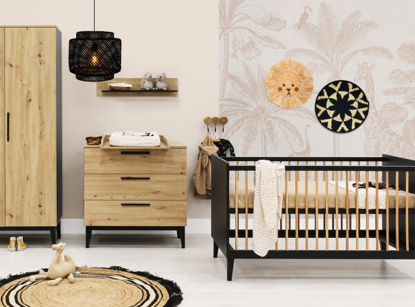 Xem 3 piece nursery furniture set with bench bed Matt Black/Oak