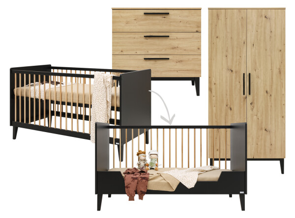 3-Pieza pack Xem con cuna 70x140 convertible Negro Mate/Roble