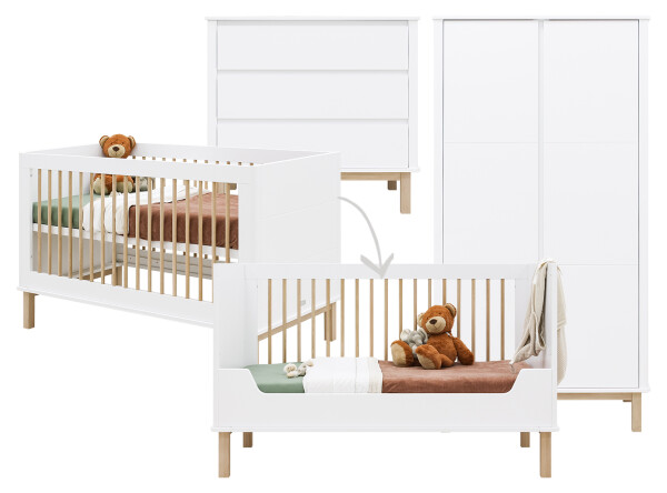 Mika 3 piece nursery furniture set with bench bed White/Oak
