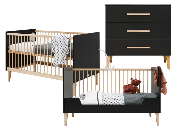 2-Pieza pack Lena con cuna 70x140 convertible Negro Mate/Naturel