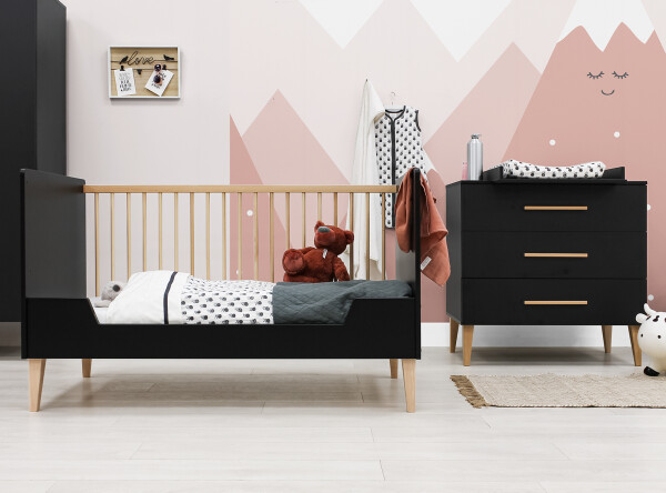 2-Pieza pack Lena con cuna 70x140 convertible Negro Mate/Naturel